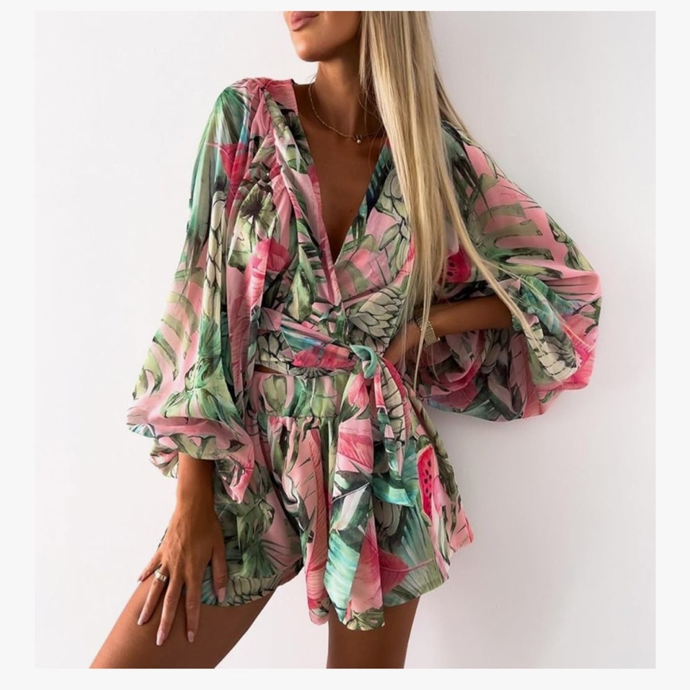 Tropical Print Kimono Sleeve Romper